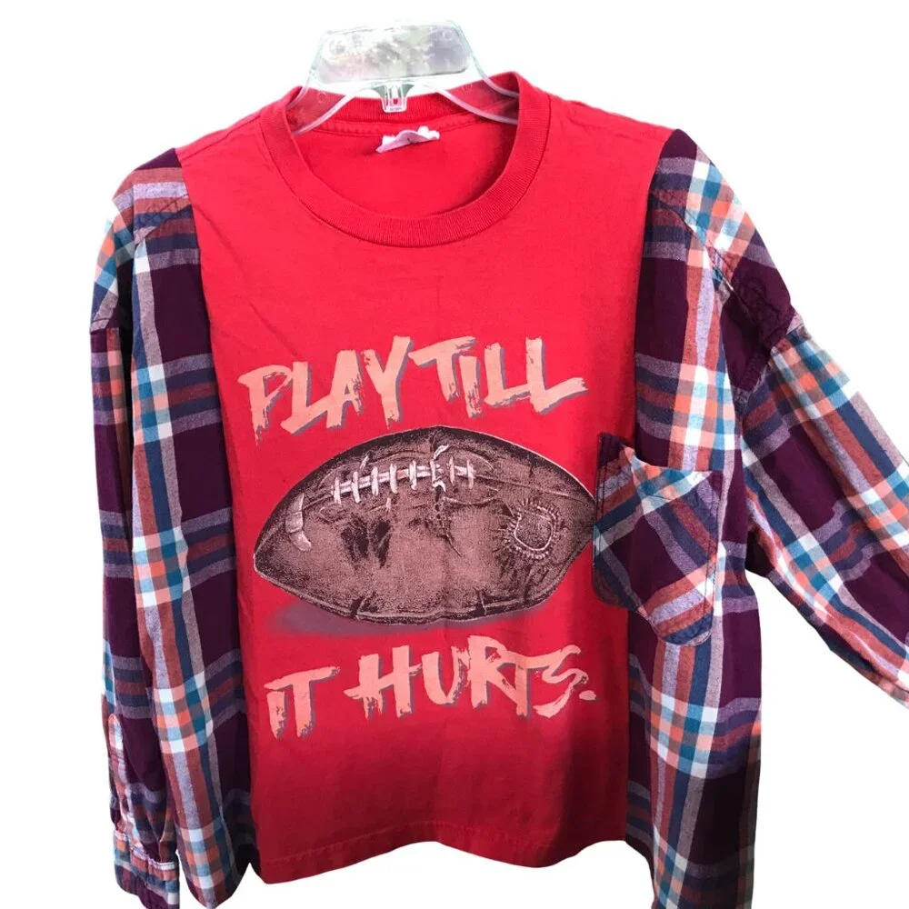 Upcycled Flannel Shirt, Oversized Football Graphic T-Shirt Pullover, Sz M - L - Picture 3 of 11